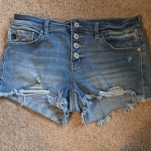 KanCan Blue Jean Shorts with High-Waisted Cut-Off Hem and Distressing
